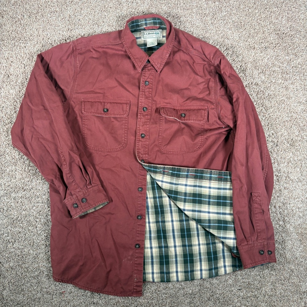 LL Bean Mens Flannel Lined Hurricane Canvas Work Shirt Brick Red 278634 L-REG